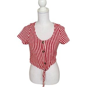 Lefties Striped Knit Crop Top Red & White Women's Large Button Tie Short Sleeve